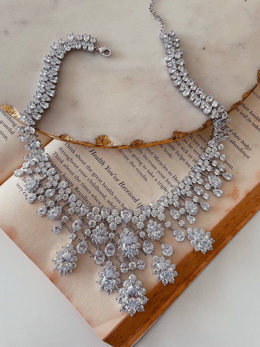 White Diamond Drops Necklace Set – Necklace & Earrings