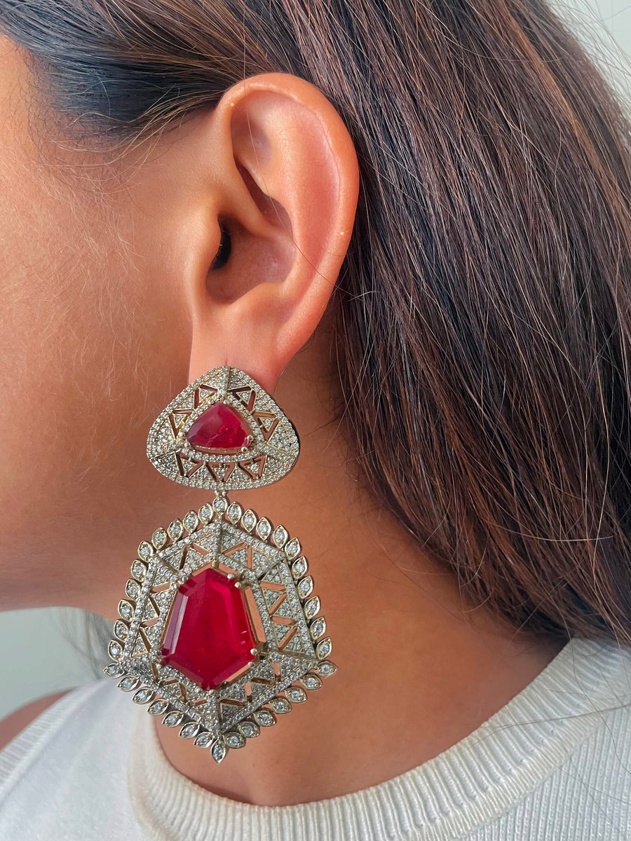 Victorian Styled Ruby, Diamond & Moissanite Kundan Polki Necklace Set ( Necklace & Earrings )