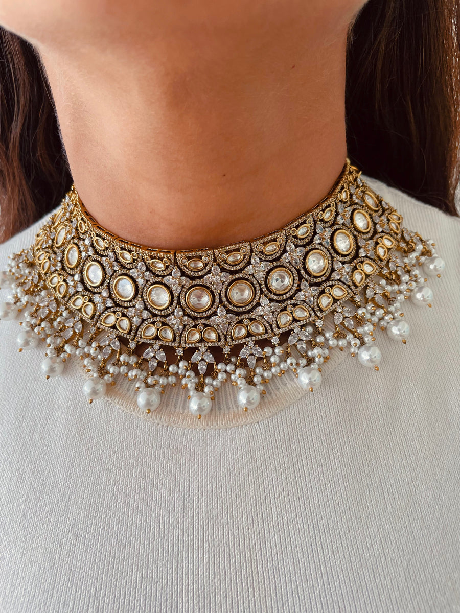 Diamond Polki Kundan Choker with Pearl Detailing Necklace Set (Necklace & Earrings)