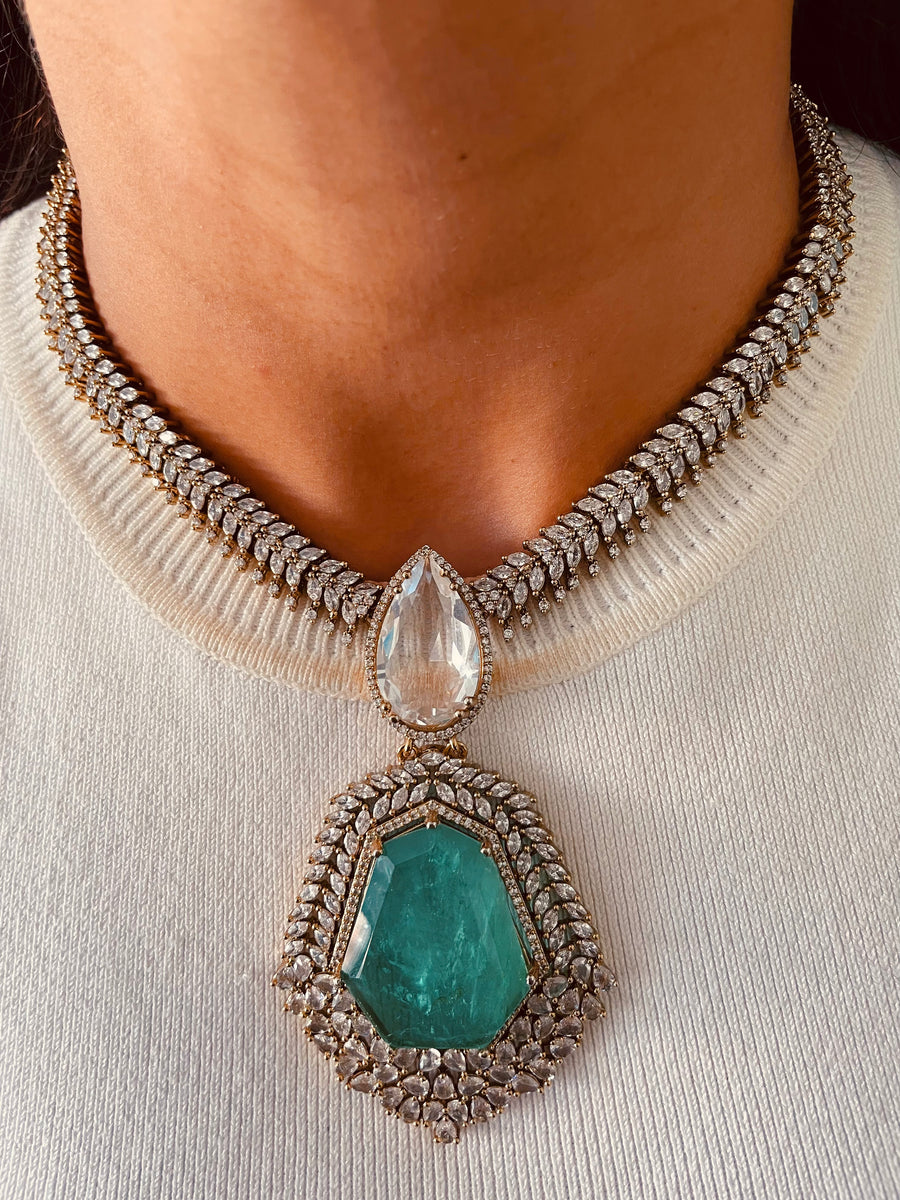 Heptagon Sea Green Pendant Moissanite Polki Diamond Kundan Victorian Finish Necklace Set (Necklace & Earrings)