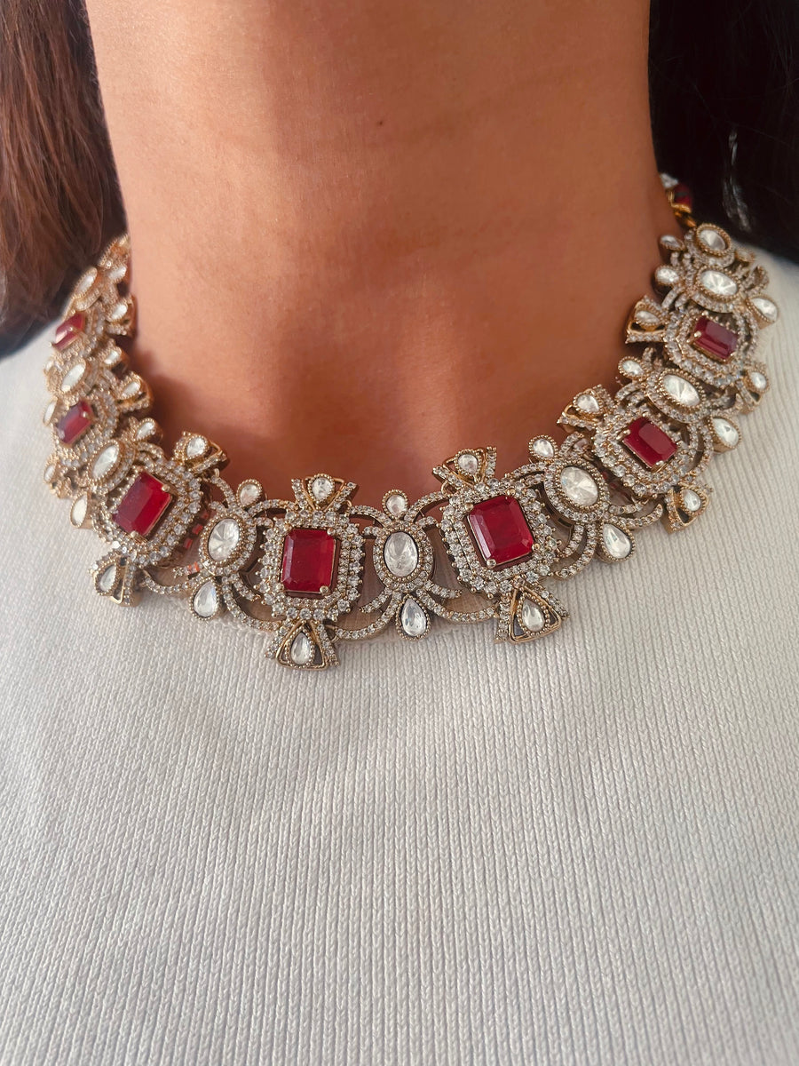 Nikhat Ruby Sultanate Imperial Dynasty Collar Choker Necklace Set (Necklace & Earrings)