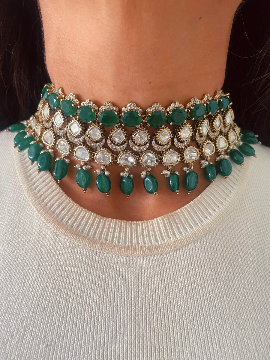 The Jungle Queen Emerald Moissanite Kundan Polki Waterfall Emerald Gala Band Choker Necklace Set ( Necklace & Earrings )