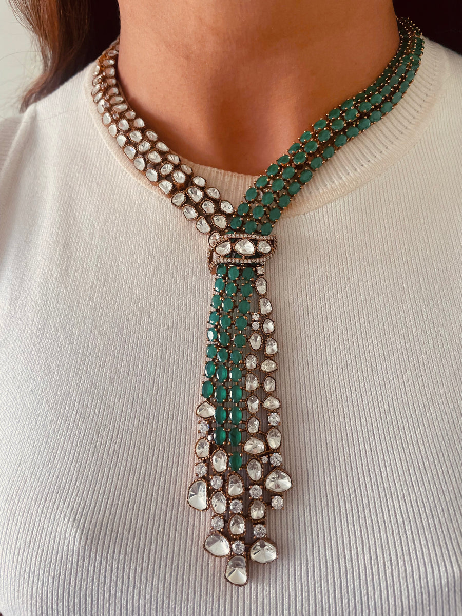 Emerald Cascade Lariat Moissanite Kundan Polki Diamond Tie Necklace Set (Necklace & Earrings)