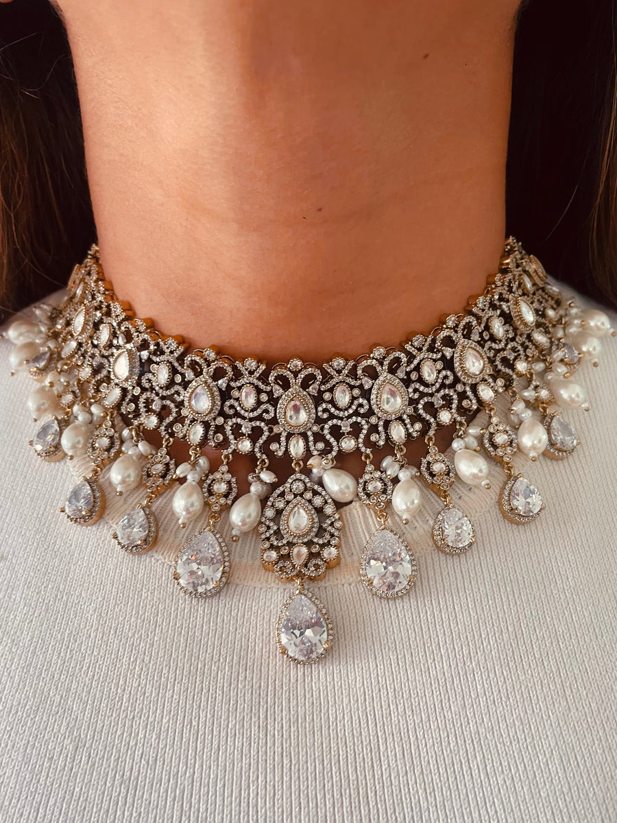 Aishwarya Pearl Aurelia Imperial Rajwada Moissanite Polki Kundan Necklace Set (Necklace & Earrings)