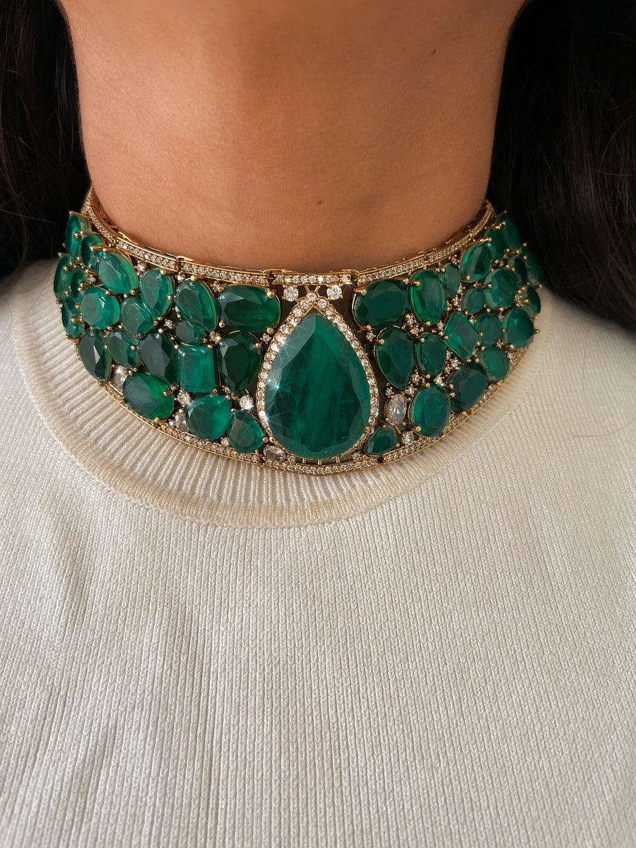 Maharani Emerald Doublet & Diamond Choker & Boulder Emerald Dimond 3 Layer Necklace Set (2 Necklace & 2 Earrings)