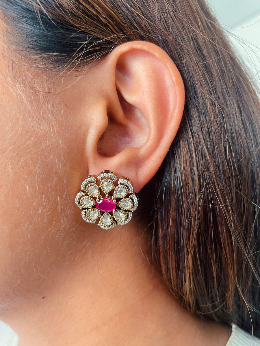 Alina Ruby & Moissanite Kundan Polki Choker Diamond Necklace Set ( Necklace & Earrings )