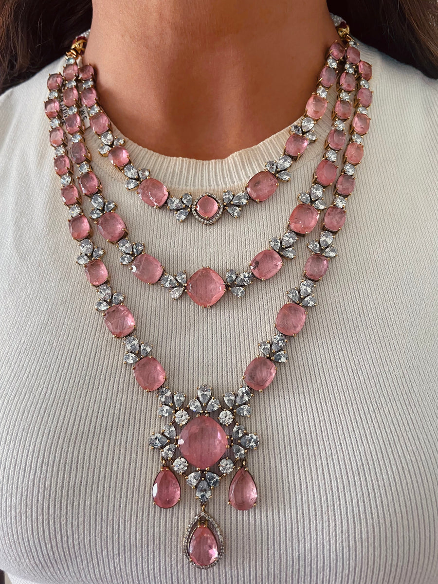 Zarfina Pink Blossom Maharani Imperial Haar Necklace Set (Necklace & Earrings)