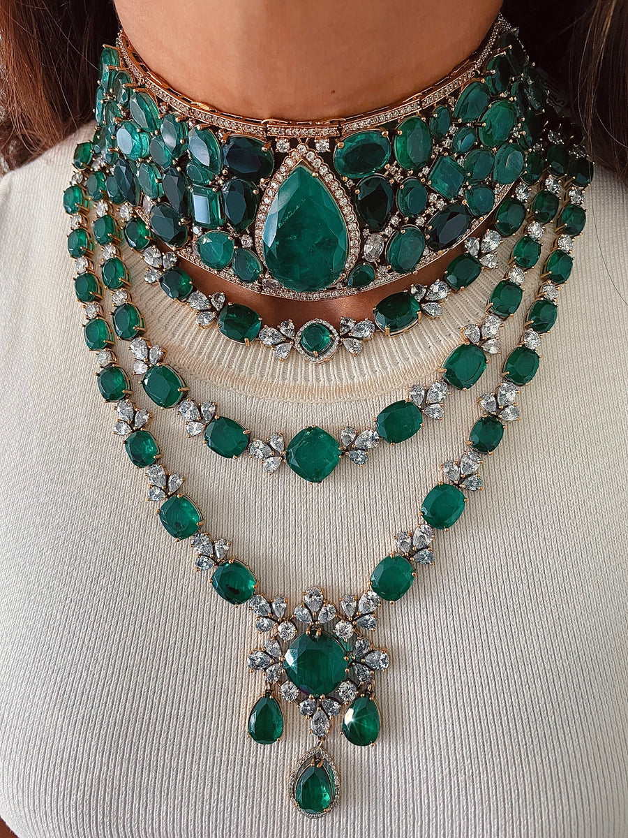 Maharani Emerald Doublet & Diamond Choker & Zarfina Emerald Imperial Haar Necklace Set (2 Necklace & 2 Earrings)