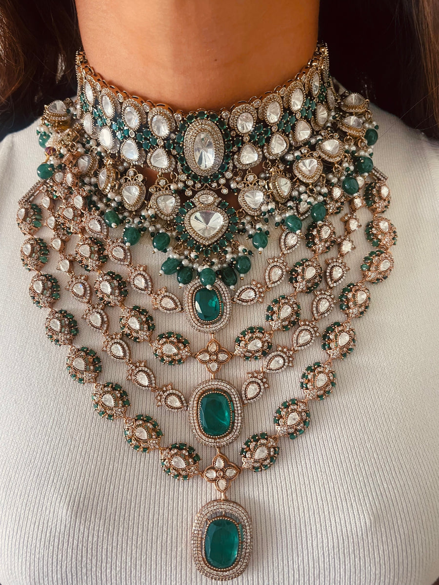 Maharani Moissanite Polki Kundan Emerald Pearl Choker & Moissanite Polki Kundan Emerald Manor Haar Necklace Set  ( 2 Necklace & 2 Earrings )
