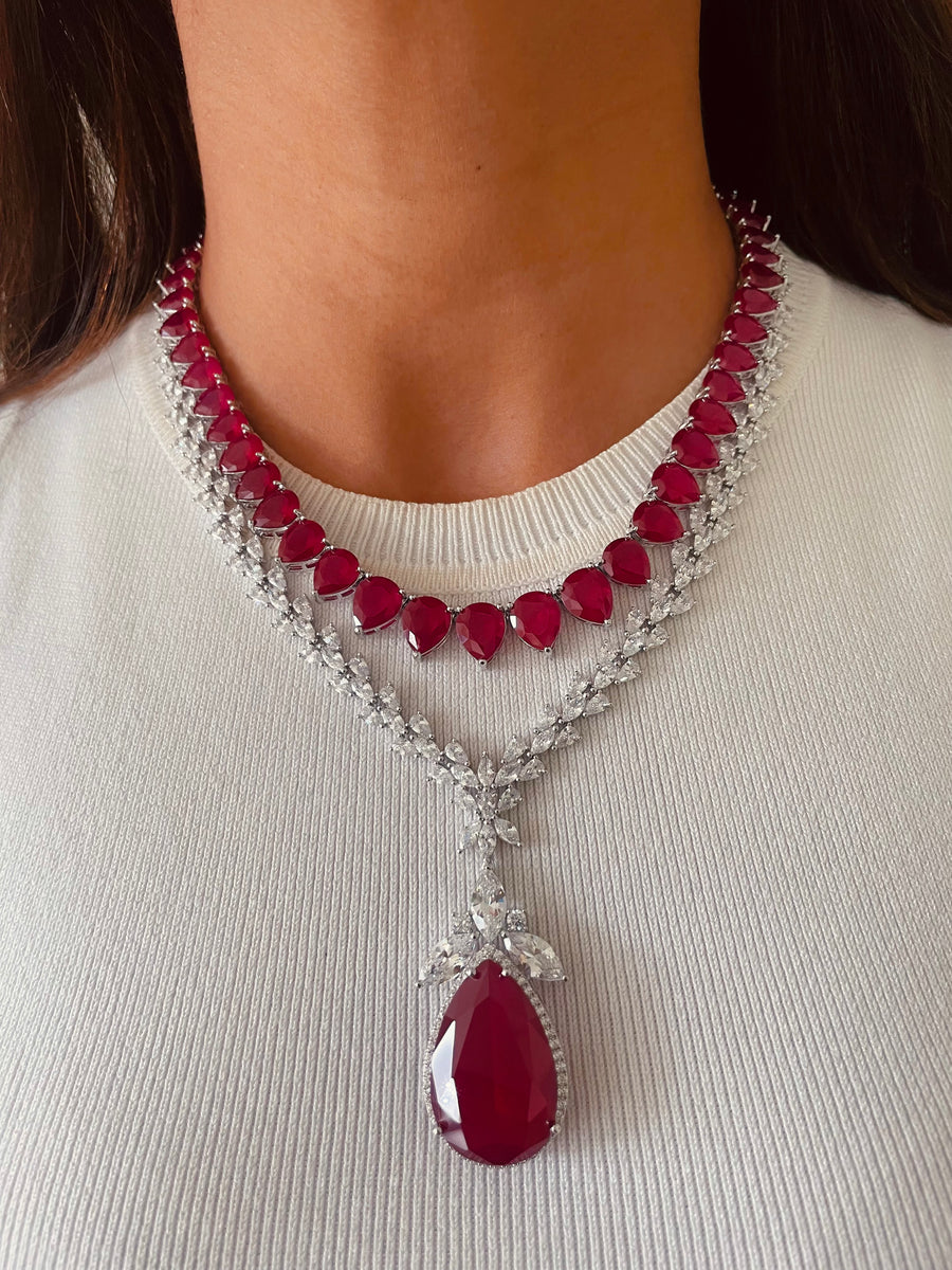 Maharani Ruby Elliptic Dimonte Necklace Set & Ruby Heart Drop Necklace Set (2 Necklaces & 2 Earrings)