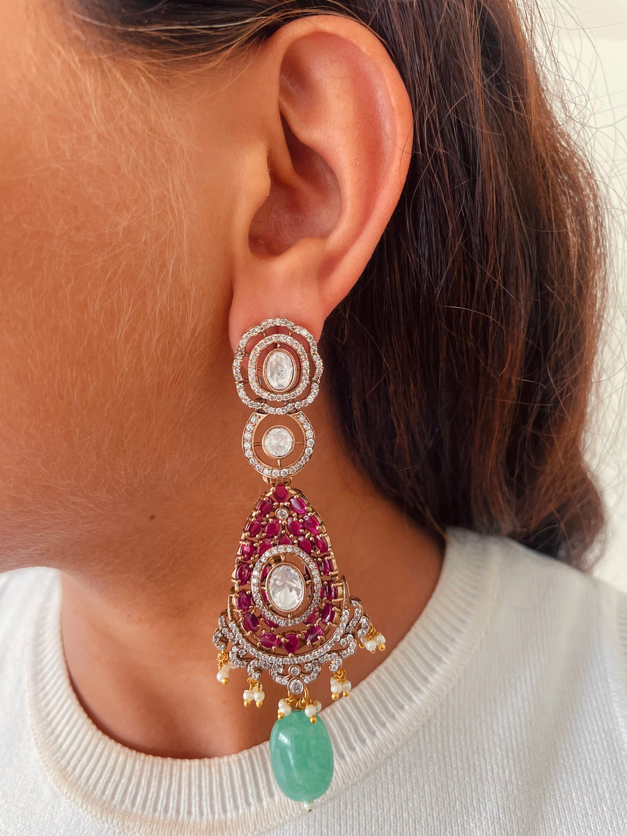 Khushi 3D Oval Ruby Emerald Kundan Statement Pendant Set (Necklace  Earrings)