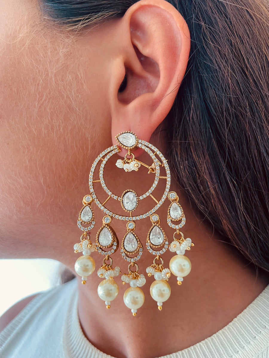 Gold Plated Polki Kundan Waterfall Earrings with Pearl Detailing