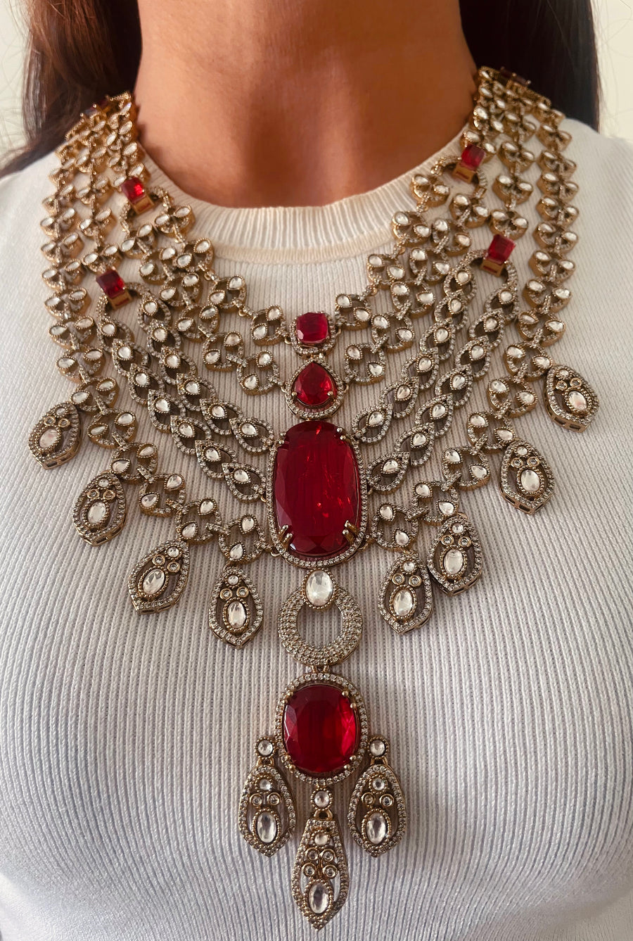 Alina Ruby Darbar Throne Rajwada Empress Grand Heirloom Haar Necklace Set (Necklace & Earrings)