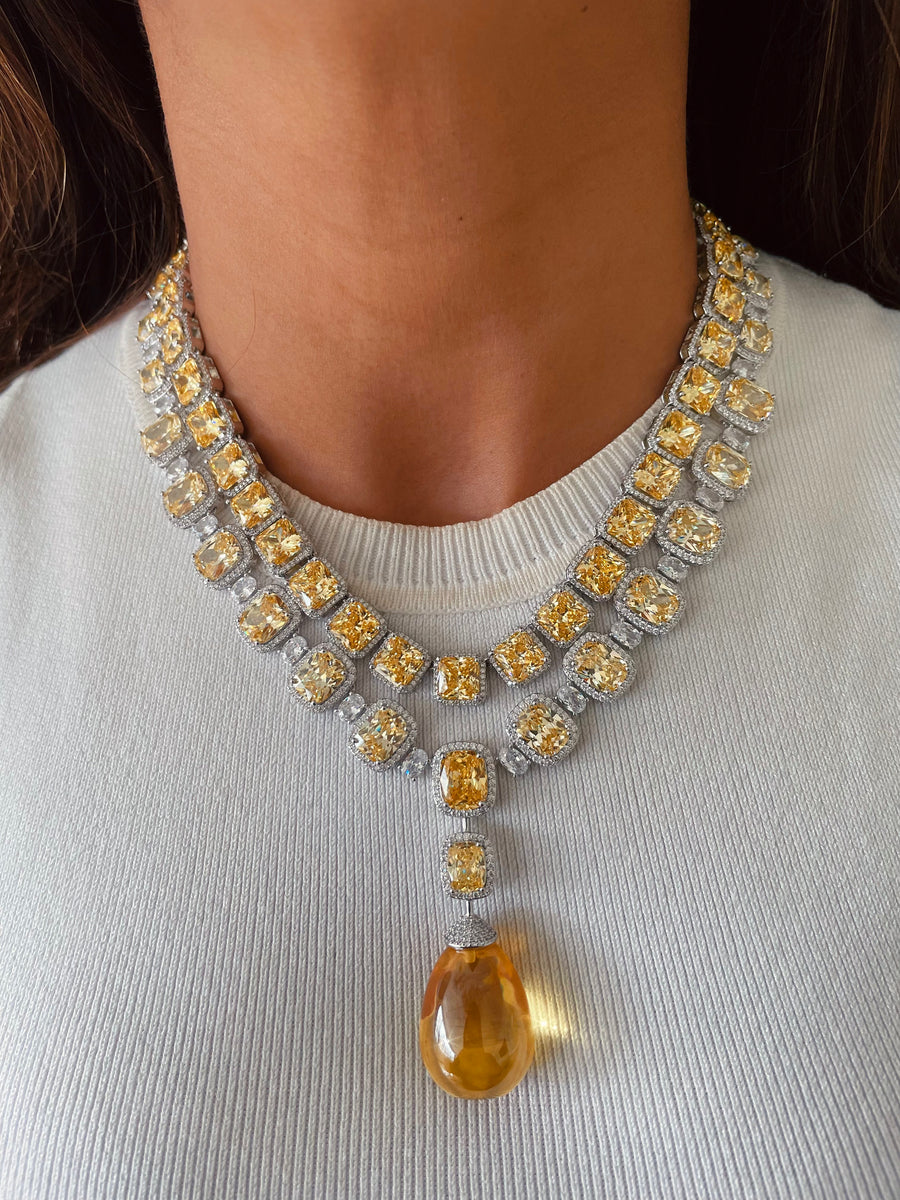 Maharani Citrine Tennis Necklace Set & Citrine Cushion Cut with Diamond Detailing and Large Citrine Stone Necklace Set (2 Necklace & 2 Earrings)