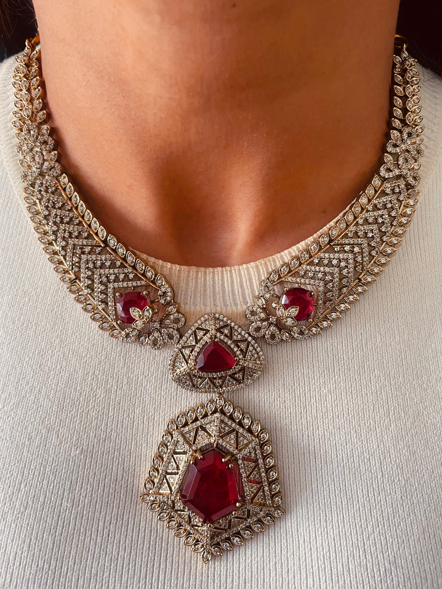 Victorian Styled Ruby, Diamond & Moissanite Kundan Polki Necklace Set ( Necklace & Earrings )