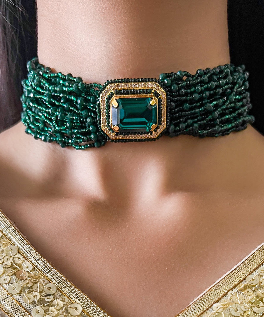 Aqsa Green Choker Set (Necklace & Earrings)