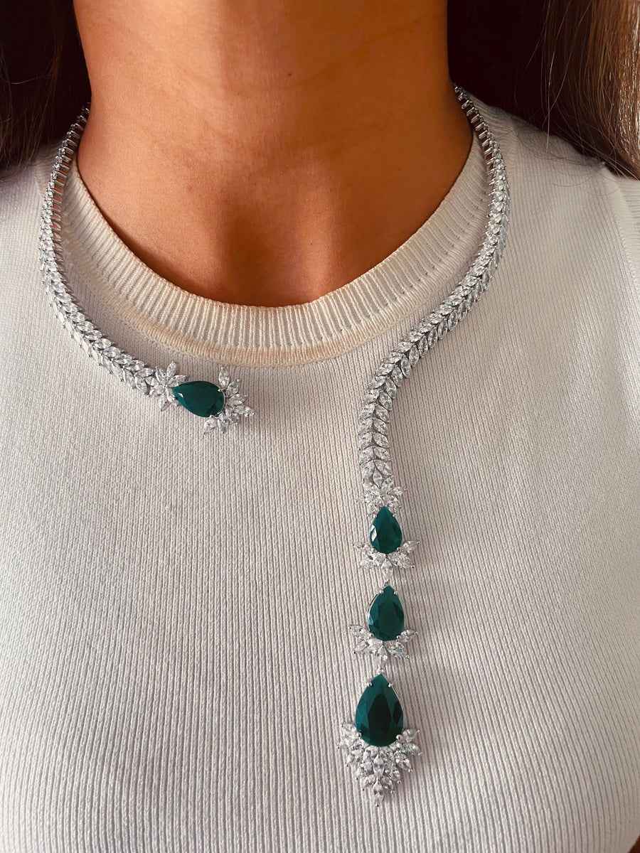 Dual Dripping Drops of Emerald & White Diamond Open Front Back Hinge Necklace Set (Necklace & Earrings)