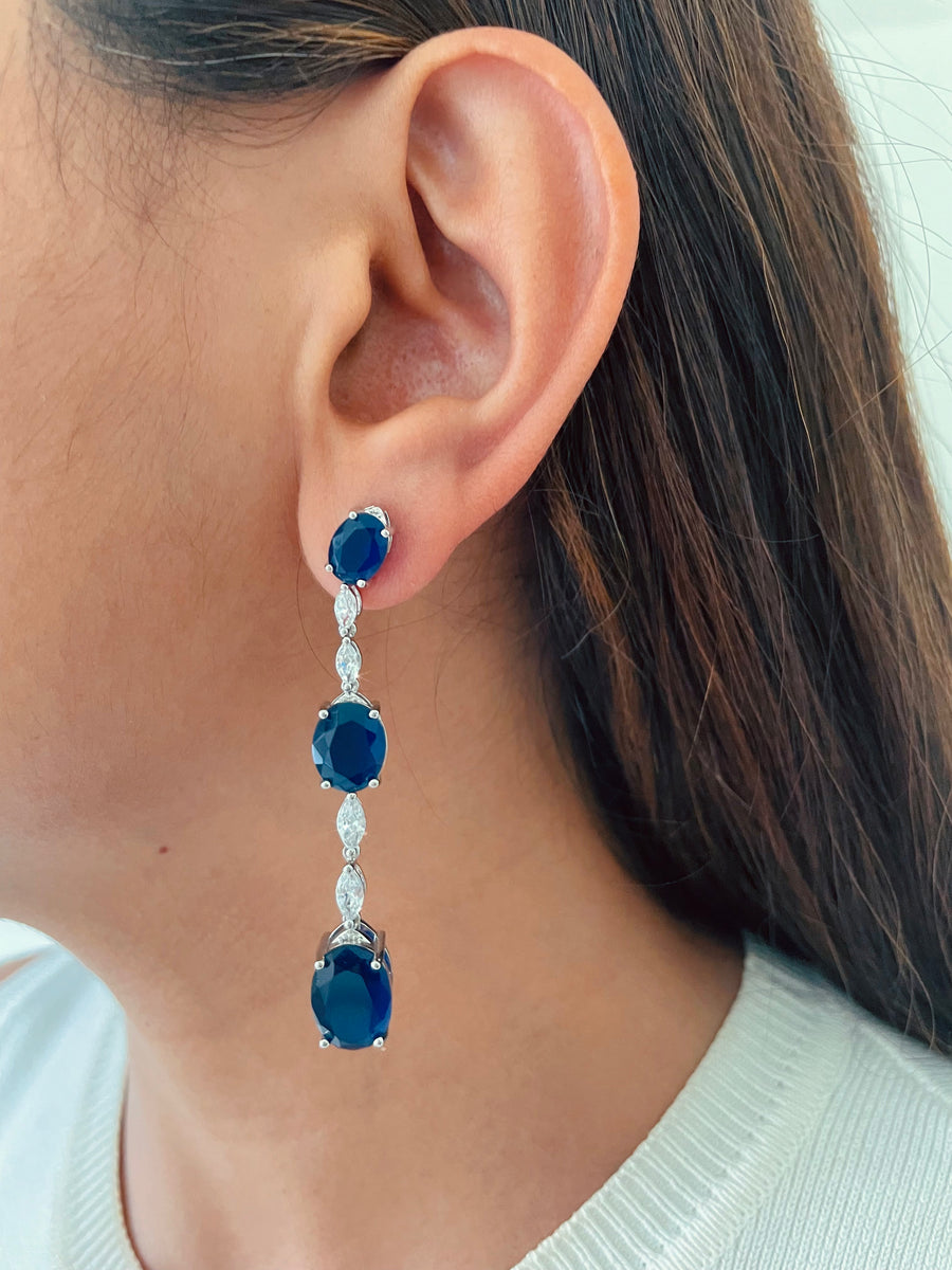 Single Line Sapphires with Marquis Diamond Setting Necklace Set & Sapphire Drop Necklace Set (2 Necklaces & 2 Earrings)