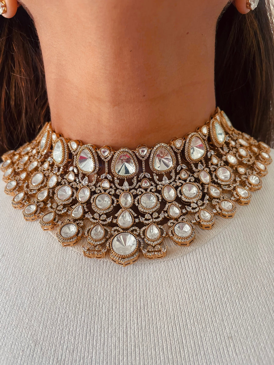 Sheeshkala Zar-e-Durbar Empress Heritage Moissanite Polki Kundan Choker Necklace Set (Necklace & Earrings)