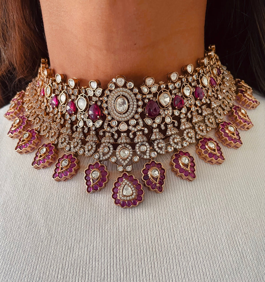 Zareen Gulabi Sultanate Court Kundan Choker Necklace Set (Necklace & Earrings)