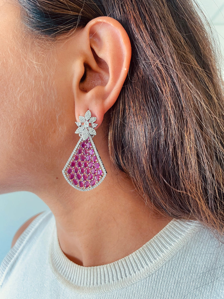 Ruby Stones Inlayed with Composite Setting Diamond Floral Necklace Set (Necklace & Earrings)