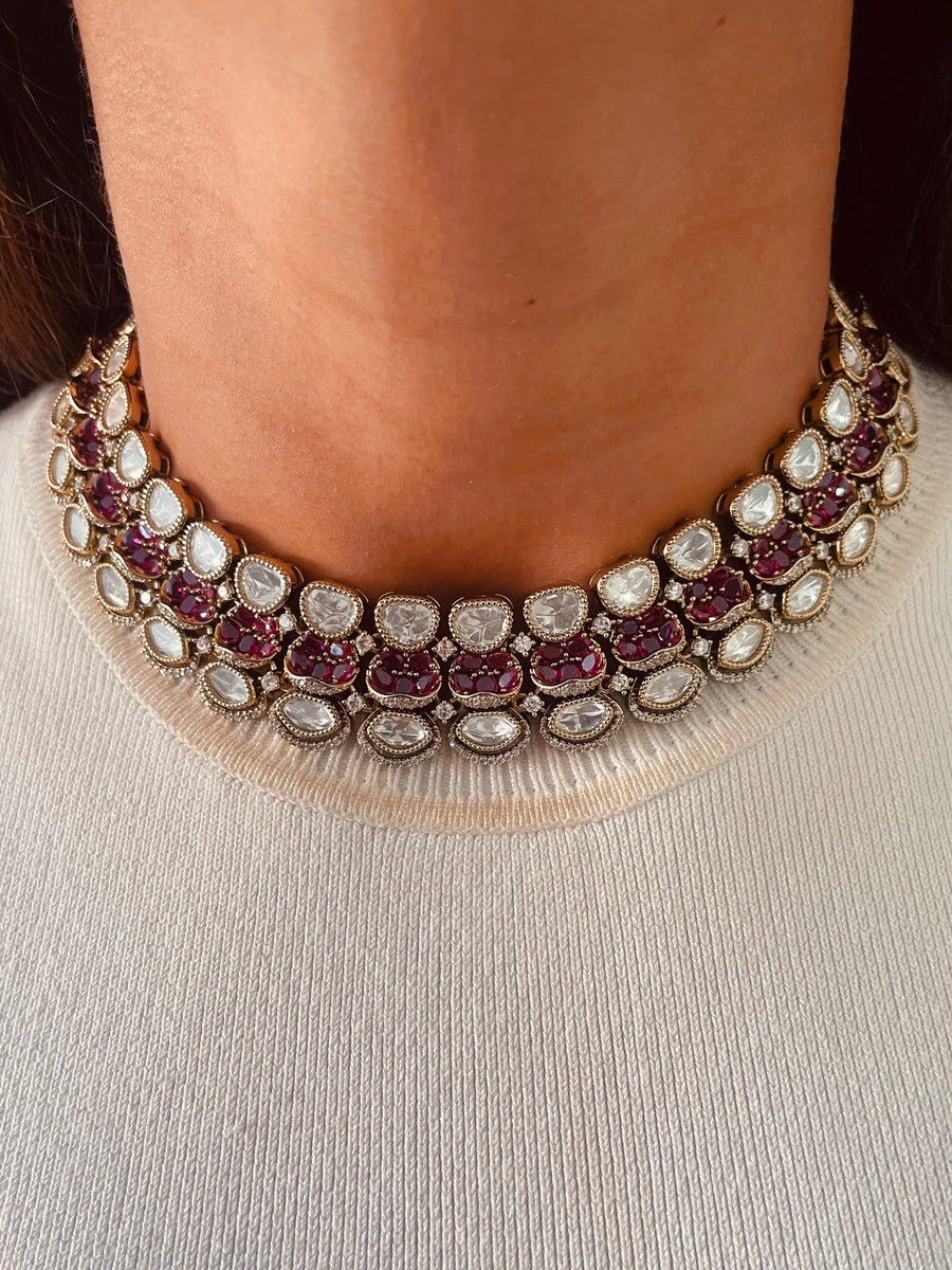 Moissanite Kundan Polki Choker With Ruby Stones Necklace Set ( Necklace & Earrings )