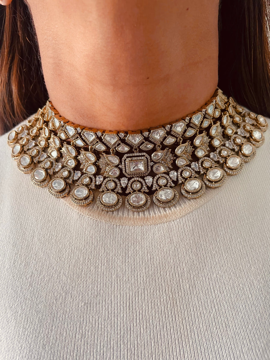 Preeti Victorian Finish Moissanite Kundan Polki Kundan Choker Necklace Set ( Necklace & Earrings )