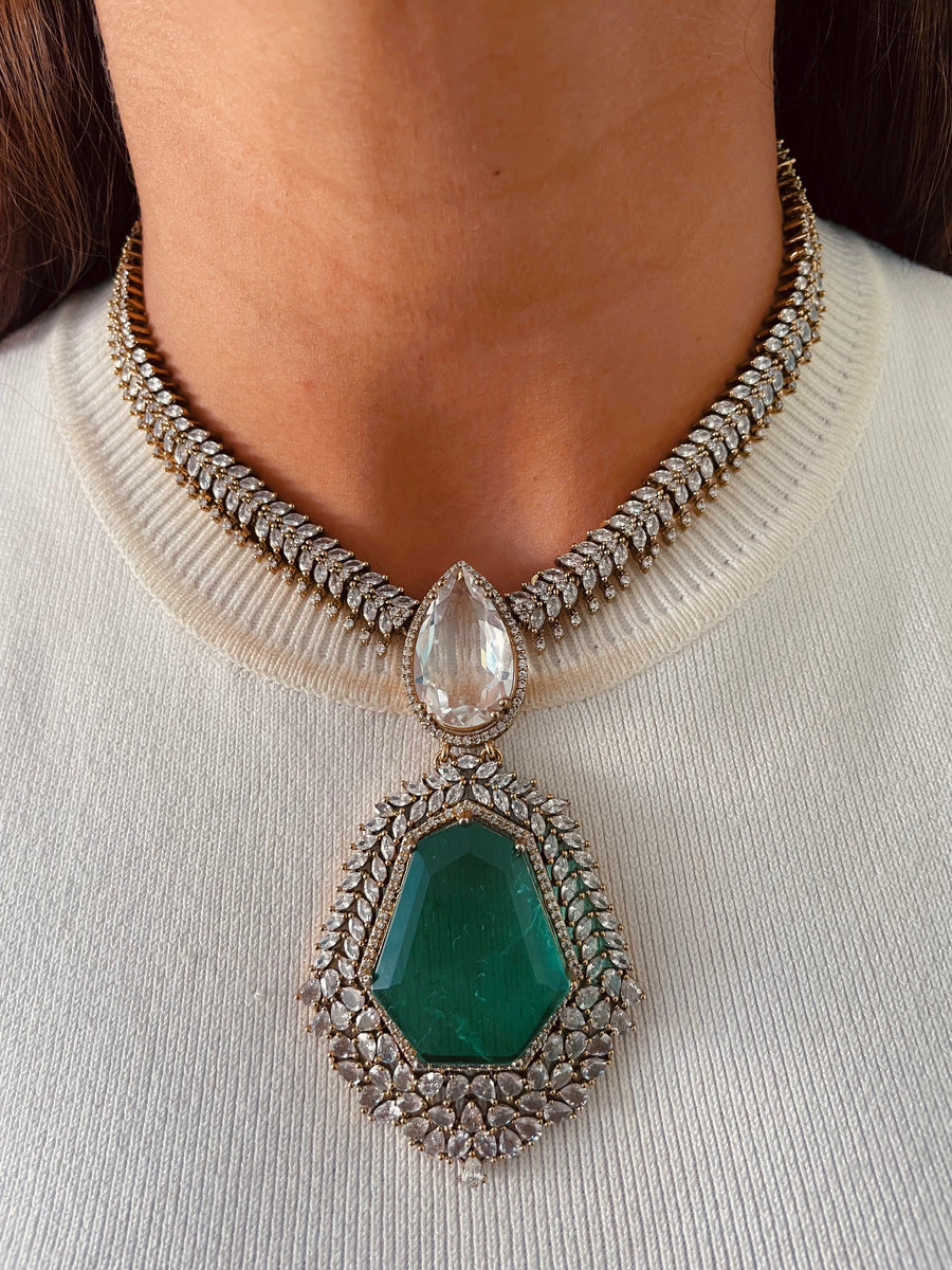 Heptagon Emerald Pendant Moissanite Polki Diamond Kundan Victorian Finish Necklace Set (Necklace & Earrings)