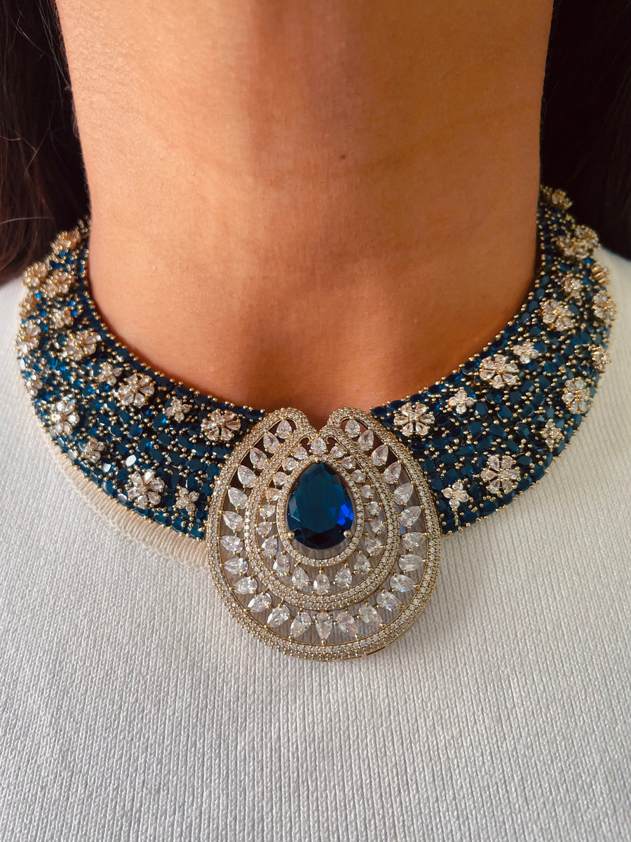 Avantika Sapphire Aureline Imperial Majestique Moissanite Polki Kundan Choker Necklace Set (Necklace & Earrings)