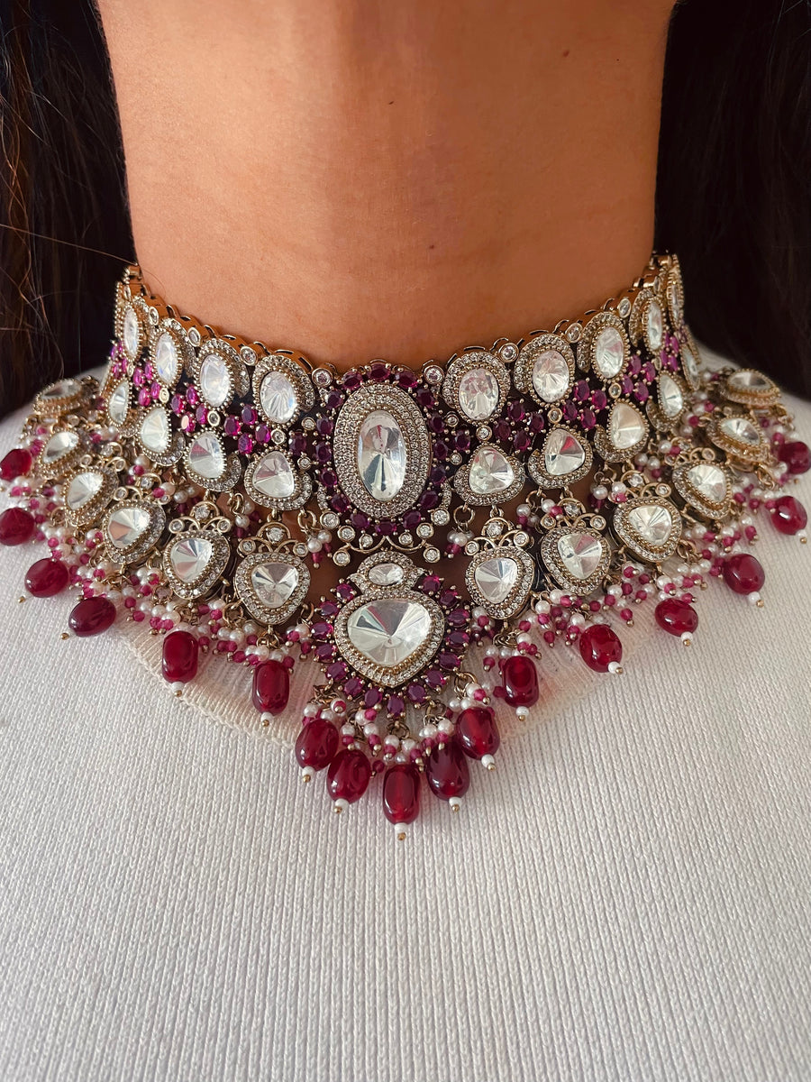 Noor-e-Gulabi Kundan Rajwada Empress Moissanite Polki Kundan Necklace Set (Necklace & Earrings)