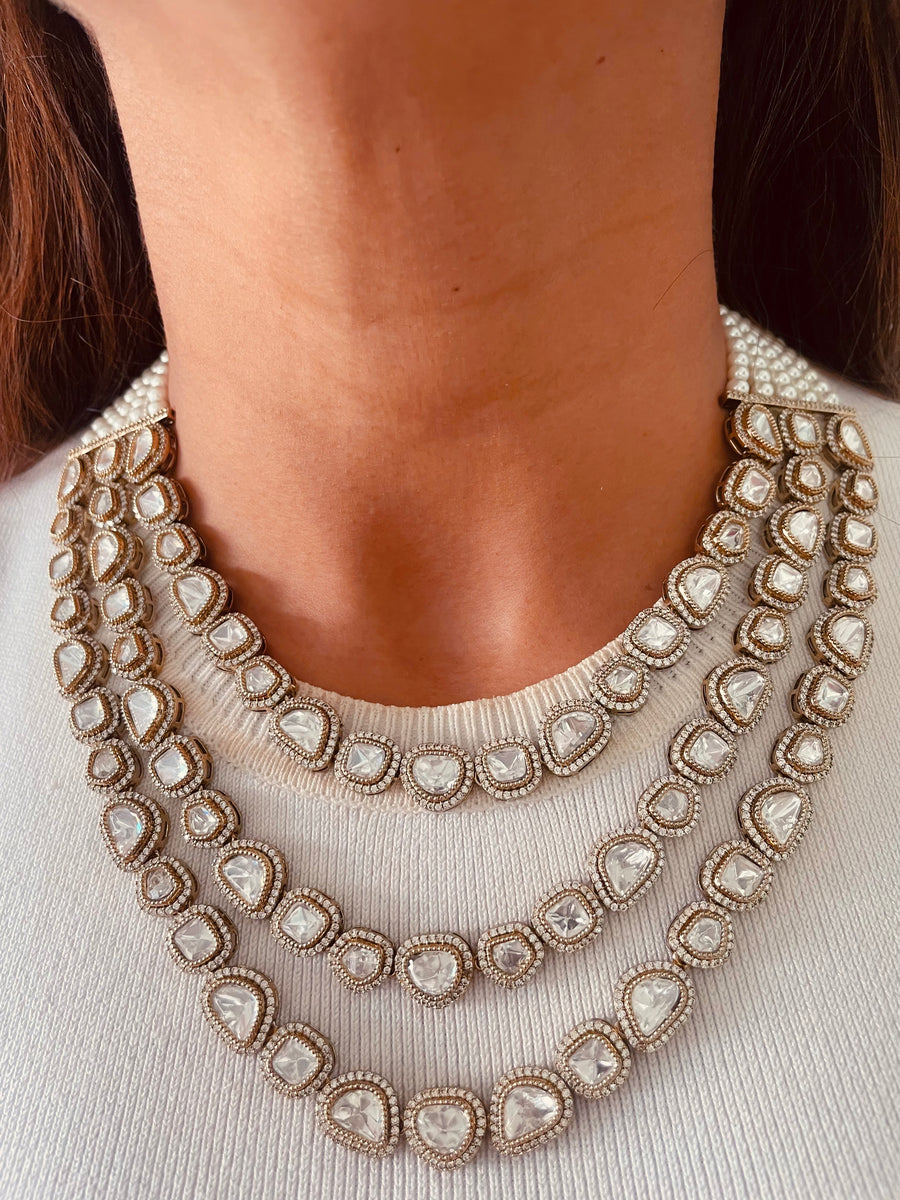 Zarfina Noor-e-Tilisma Triple Courtly Moissanite Polki Kundan Haar Necklace Set (Necklace & Earrings)