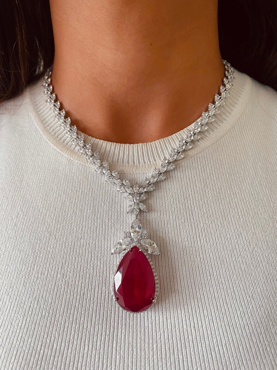 Maharani Ruby Elliptic Dimonte Necklace Set & Ruby Heart Drop Necklace Set (2 Necklaces & 2 Earrings)