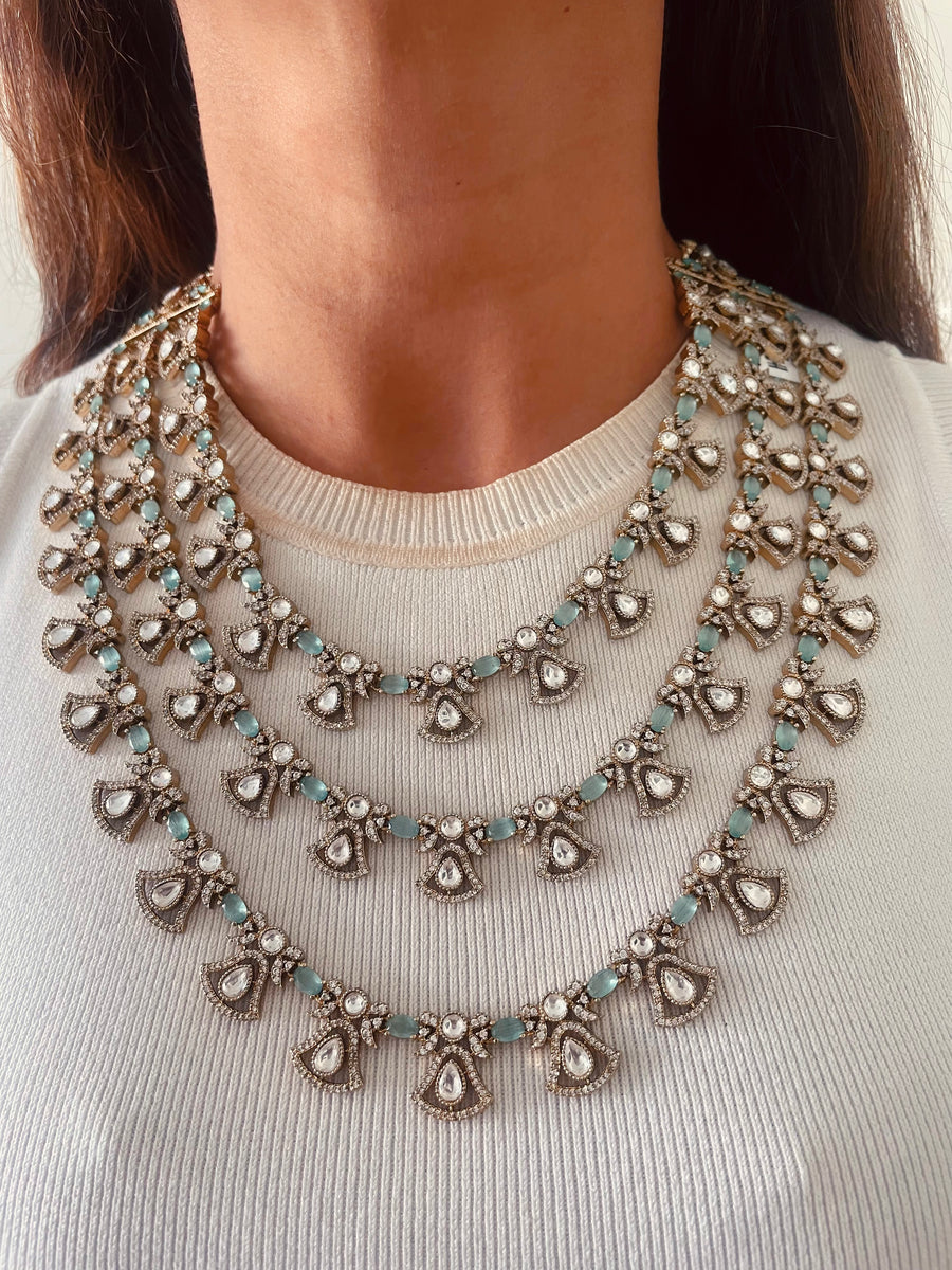 Moissanite Kundan Polki Triple Layer Necklace Set (Necklace & Earrings)