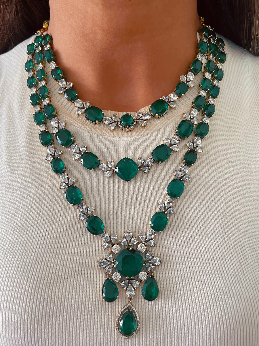 Zarfina Emerald Maharani Imperial Haar Necklace Set (Necklace & Earrings)