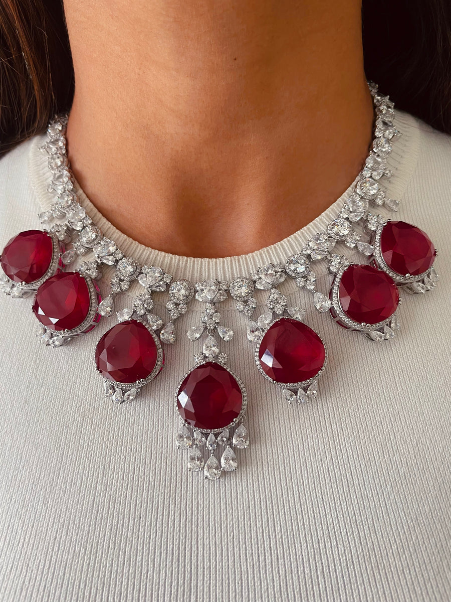 Maharani Citrine Square Drop Diamonte statement ketting & citrine tennis ketting set (oorbellen en ketting)