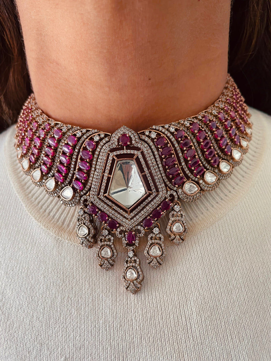 Moissanite Polki Kundan Pentagon with Ruby Oval Detailing Necklace Set (Necklace & Earrings)