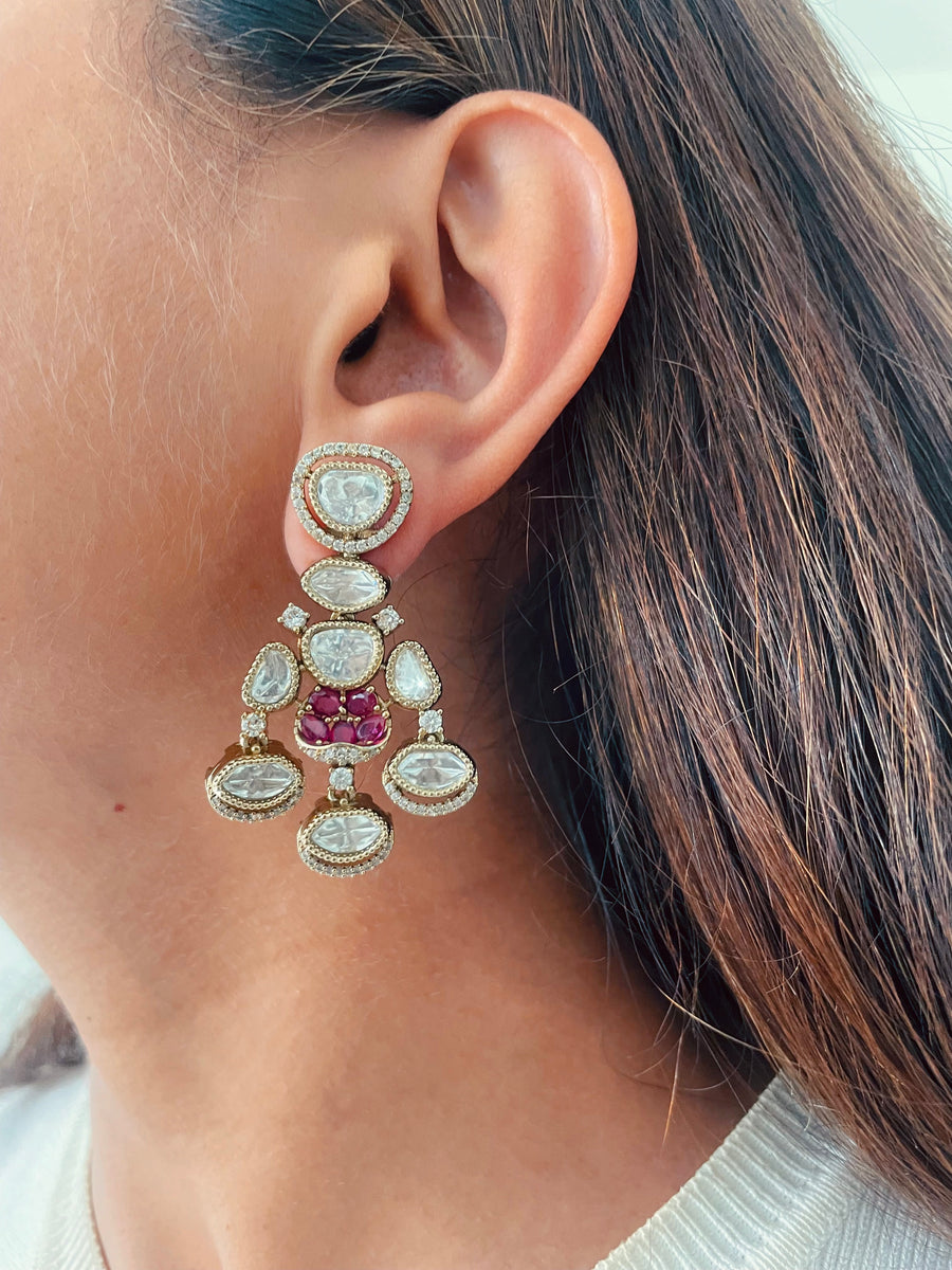 Moissanite Kundan Polki Choker With Ruby Stones Necklace Set ( Necklace & Earrings )