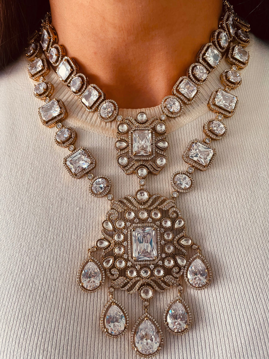Dual Pendant with Drop Detailing Polki Diamond Kundan Victorian Finish Necklace Set (Necklace & Earrings)