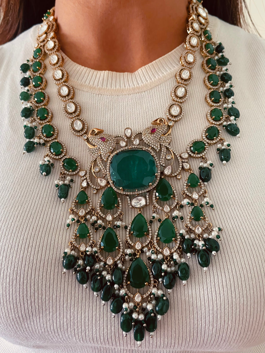 Zareena Emerald Mayura Court Empress Necklace Set (Necklace & Earrings)