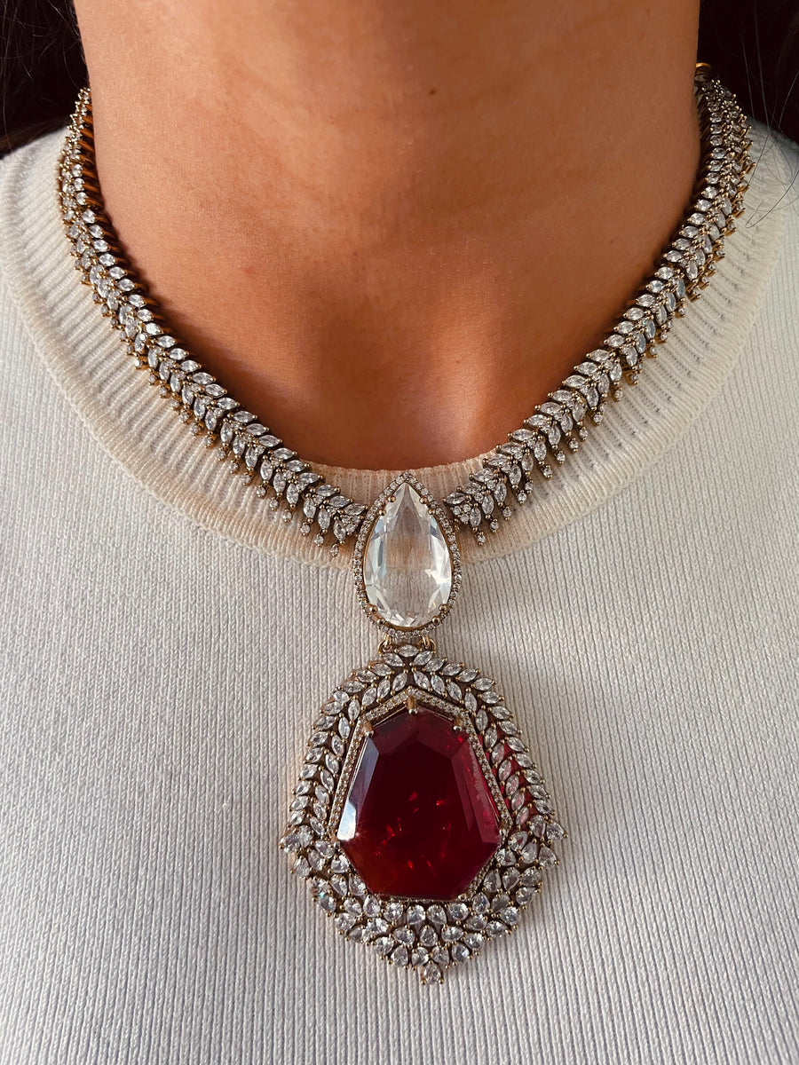Heptagon Ruby Pendant Polki Diamond Kundan Victorian Finish Necklace Set (Necklace & Earrings)