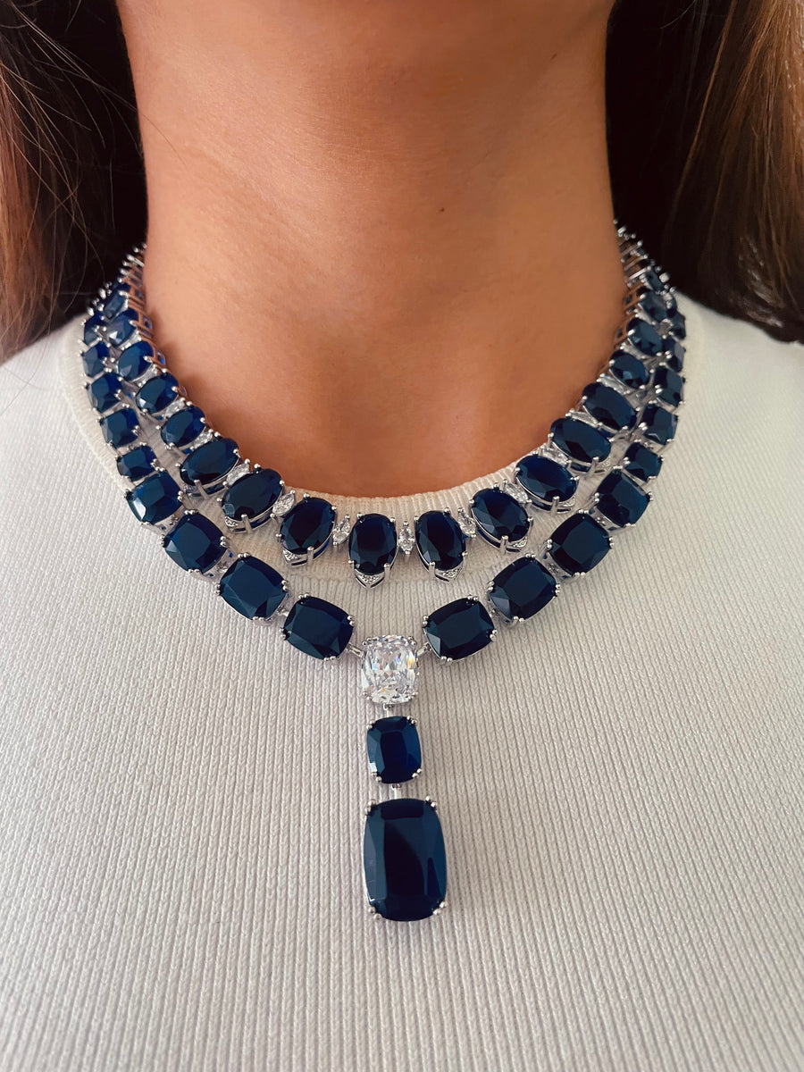 Single Line Sapphires with Marquis Diamond Setting Necklace Set & Sapphire Drop Necklace Set (2 Necklaces & 2 Earrings)
