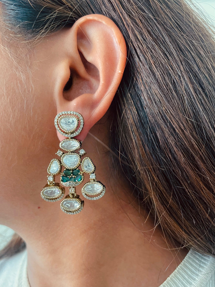 Moissanite Kundan Polki Choker With Emerald Stones Necklace Set ( Necklace & Earrings )