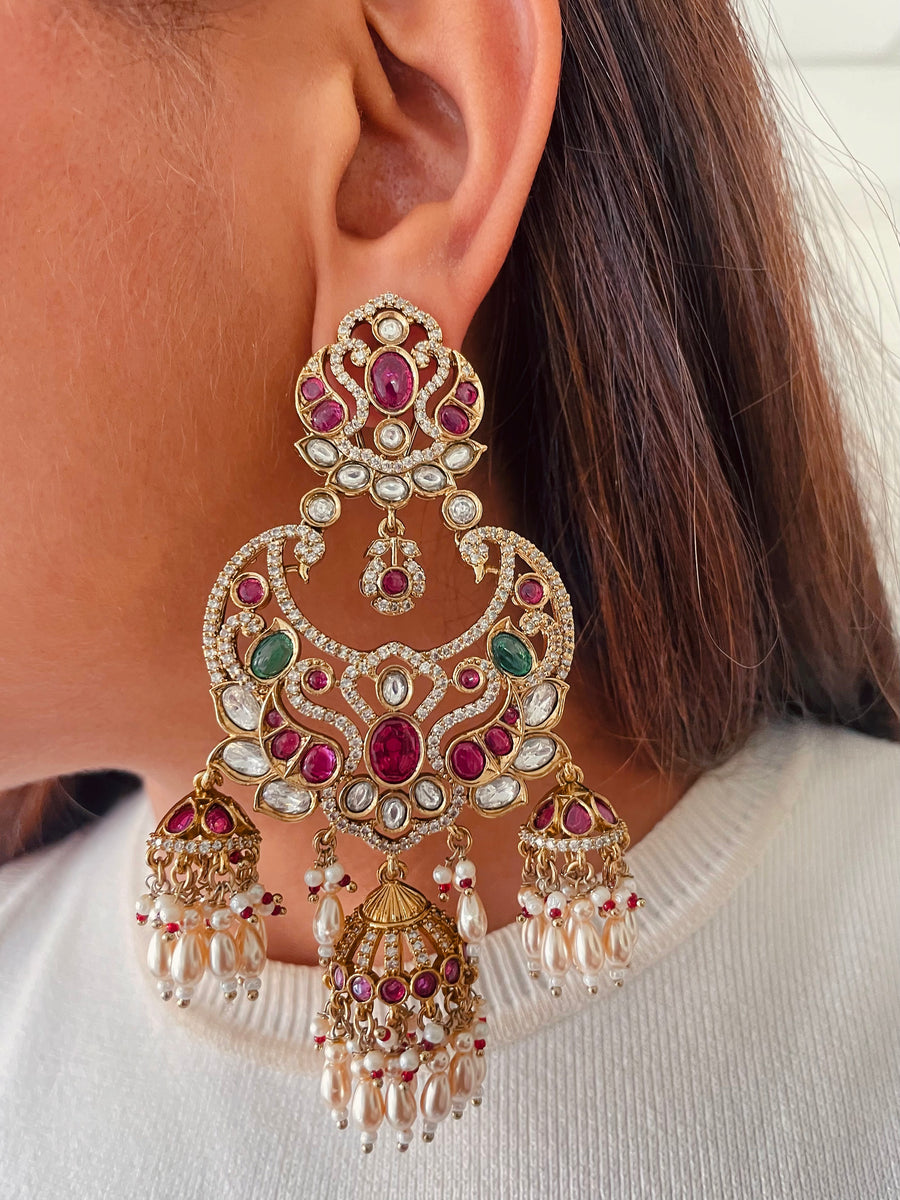 Gold-Finish Kundan Chandbali Earrings with Ruby and Diamond Stones & Pearl Beads