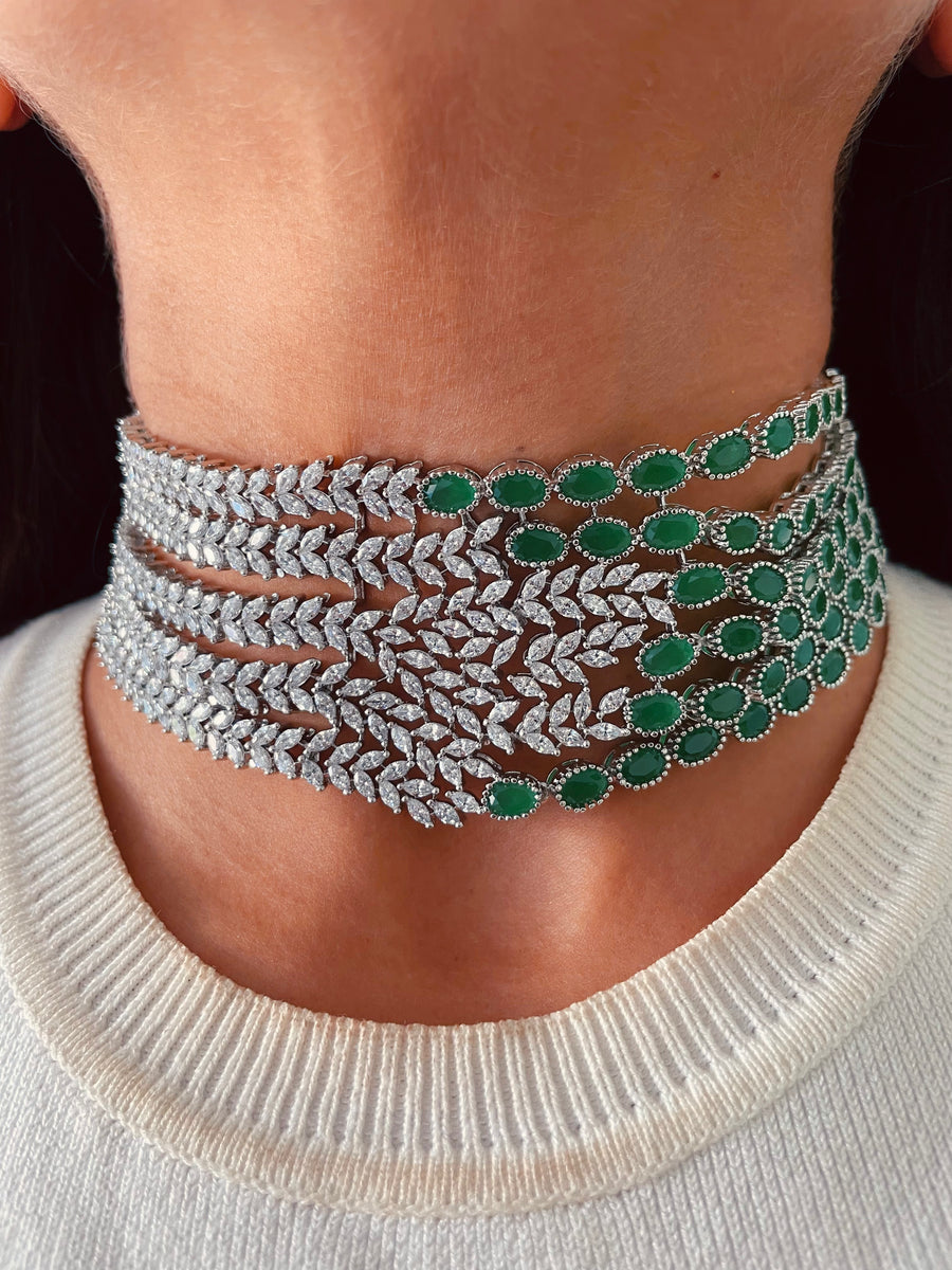 Statement Diamond & Emerald Leaflet Choker Necklace Set