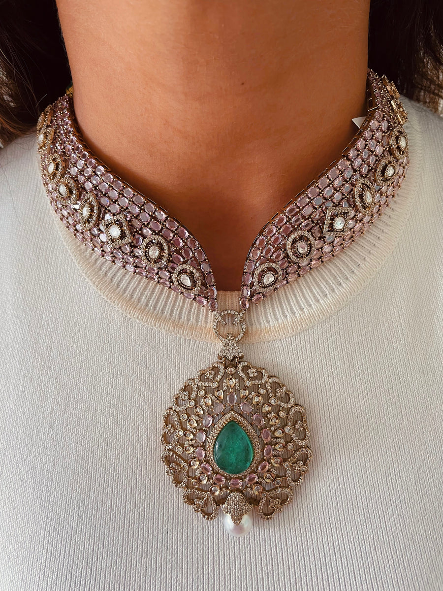 Light Pink Statement Emerald Tear & Pearl Drop Diamond Polki Kundan Necklace Set (Necklace & Earrings)