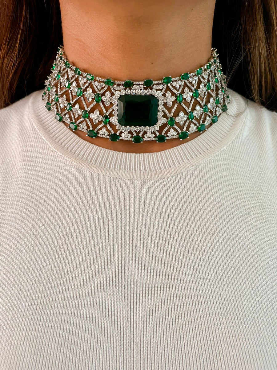 Maharani Emerald Appliqué Dimonte Choker & Sirsa Emerald Diamond Infinity Necklace Set (2 Necklace & 2 Earrings)