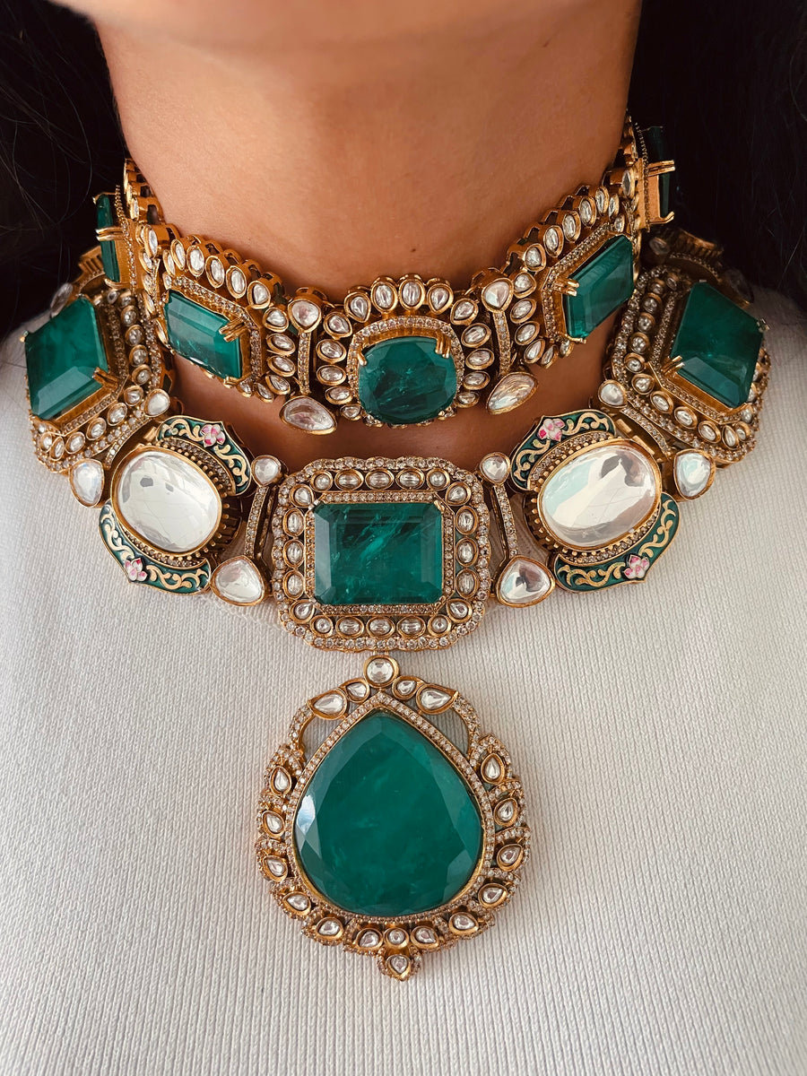 Maharani Nikhara Emerald Moissanite Choker & Necklace Set (Necklace & Earrings)