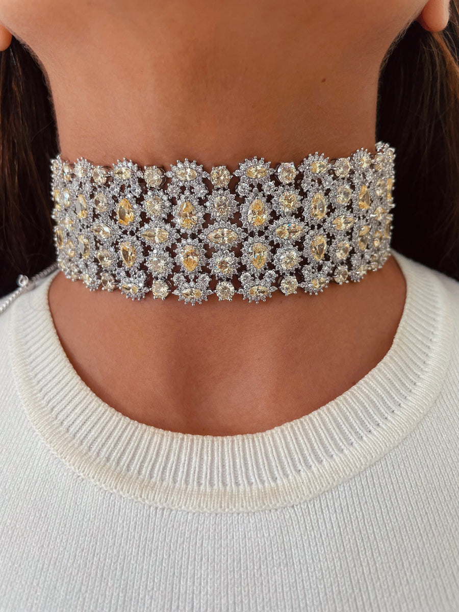 Citrine Drop & Floral Diamond Statement Choker Necklace Set