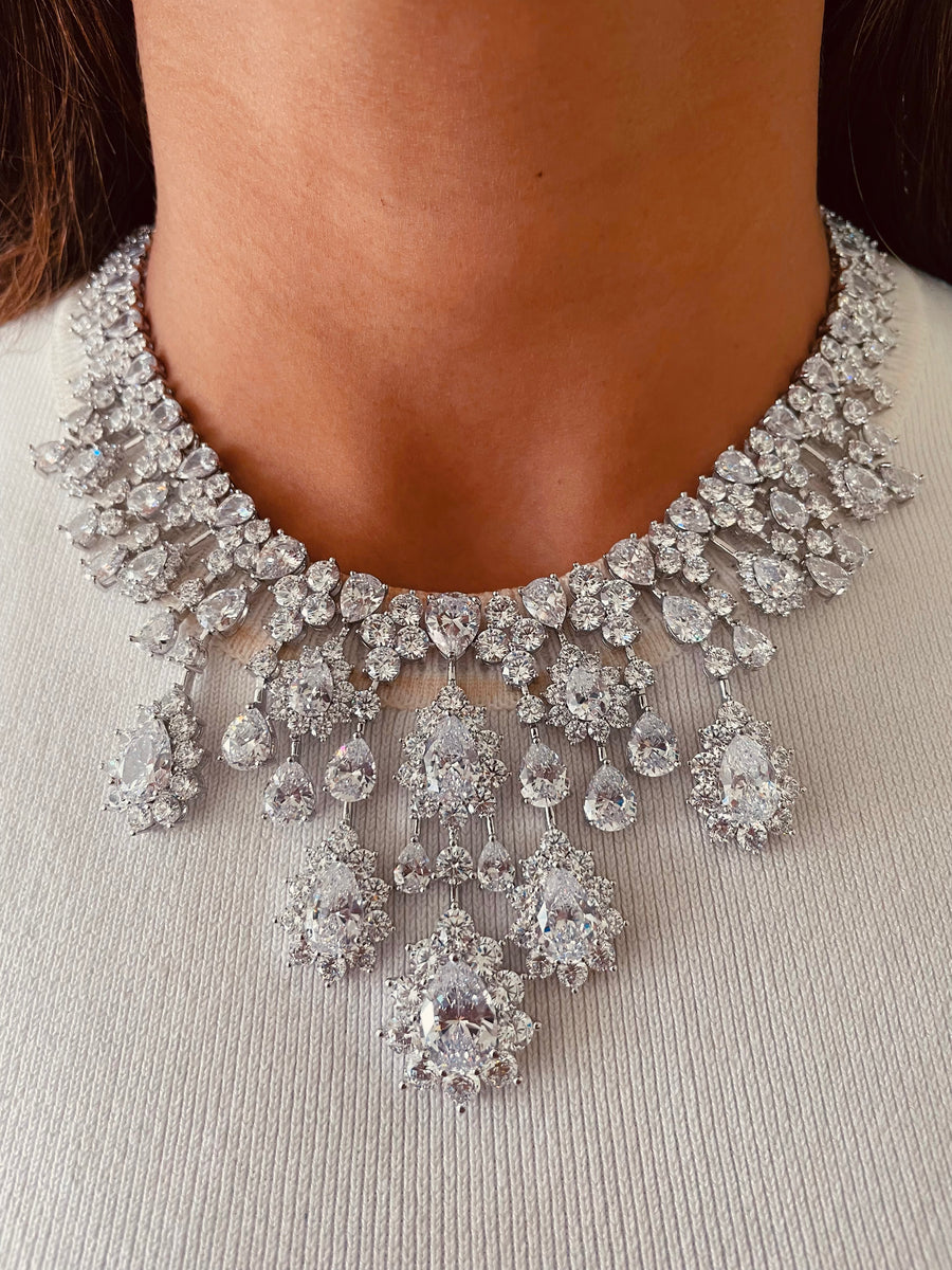 White Diamond Drops Necklace Set – Necklace & Earrings