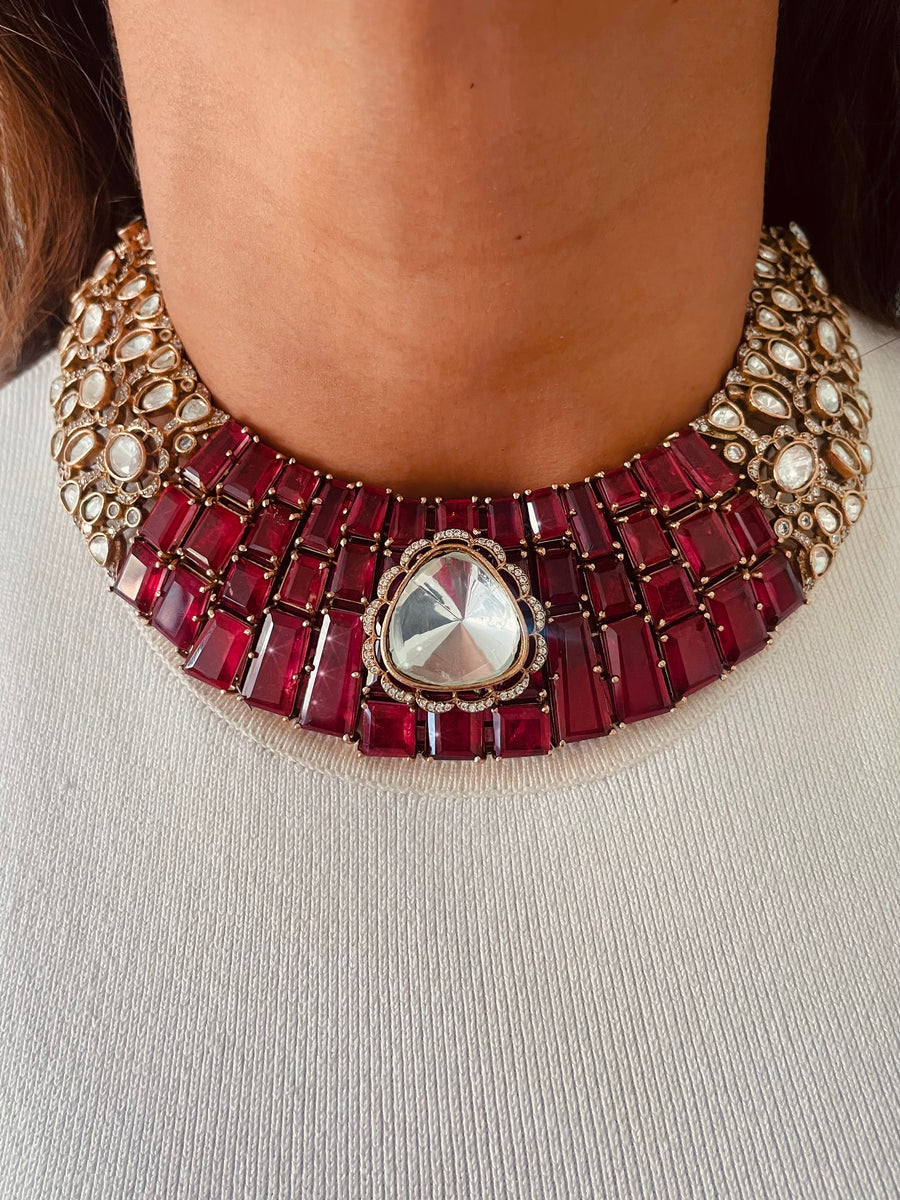 Ruby Zar-e-Sheeshraani Royal Dynasty Moissanite Polki Kundan Necklace Set (Necklace & Earrings)